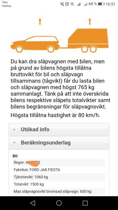 Skärmdump som visar kalkylator med fordonsuppgifter för dragvikt av släpvagn med en bilikon kopplad till en släpvagnsikon.