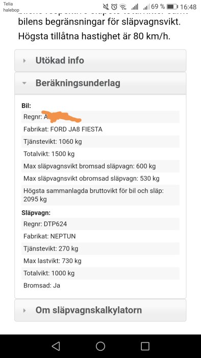 Skärmdump av släpvagnskalkylator med information om bil och släpvagn, inklusive viktbegränsningar.