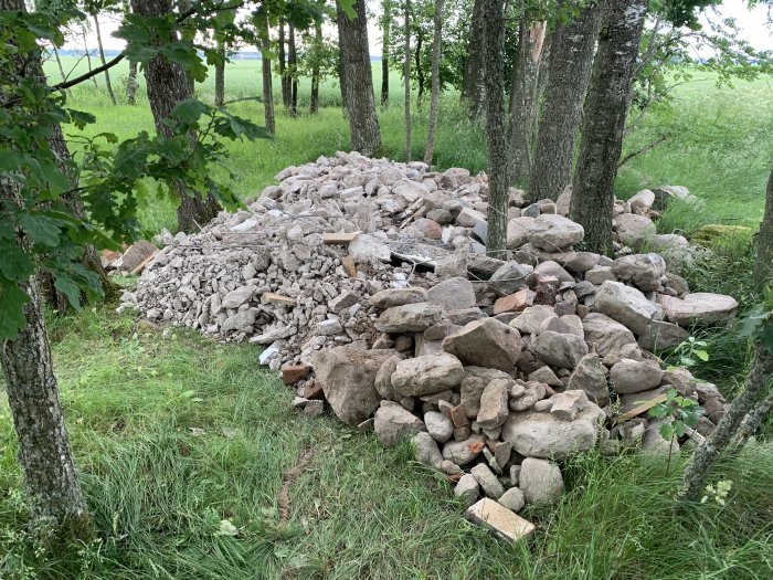 En stor hög av utsorterade stenar och betongrester placerade utomhus i naturen.