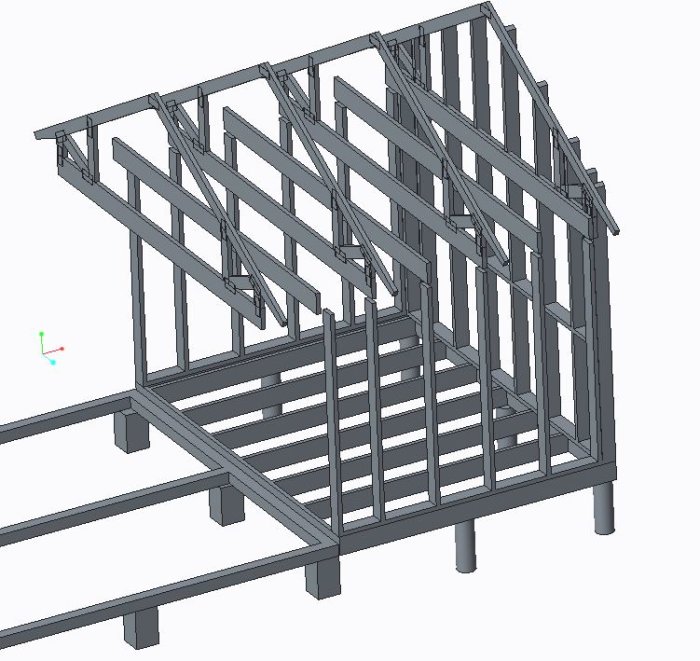 3D-modell av stommen för en utbyggnad med plintgrund och träreglar.
