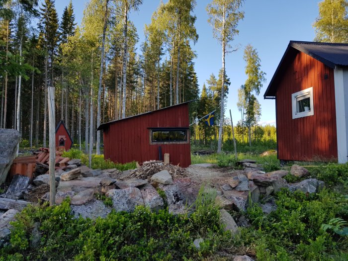 Stenmur i förgrunden med flyttad vedbod och skog i bakgrunden, förarbete för gjutning påbörjat.