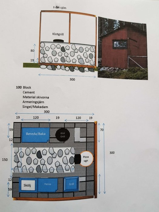 Skiss över utomhuskök med måttangivelser, vedbod i övre högra hörnet och planlösning med klotgrill och pizzaugn.