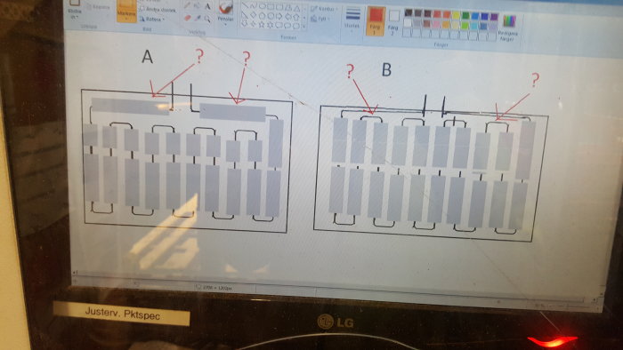 Skiss av golvvärmeinstallation med och utan värmefördelande plåtar, märkt A och B, på en datorskärm.