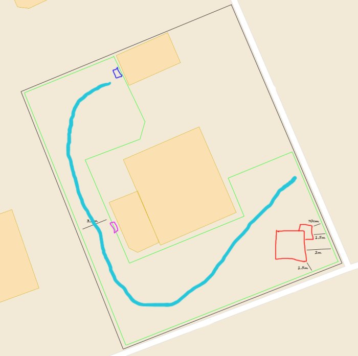 Planritning med förslag på placeringsguide för robotgräsklippare, visar laddstation och begränsningskabel.