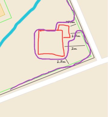 Skiss av en trädgårdsplan med måttangivelser som visar en föreslagen avgränsning för en stenrabatt.