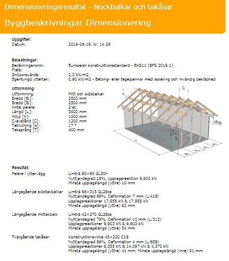 Sektionsritning och dimensioneringsresultat för takkonstruktion med limträbalk och pelare.