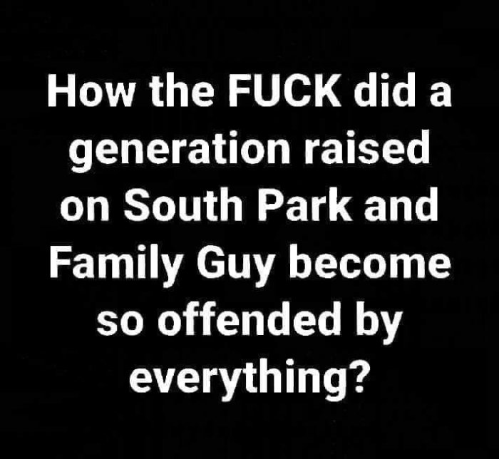 Text på svart bakgrund som ifrågasätter varför en generation är lättkränkt trots att ha växt upp med South Park och Family Guy.