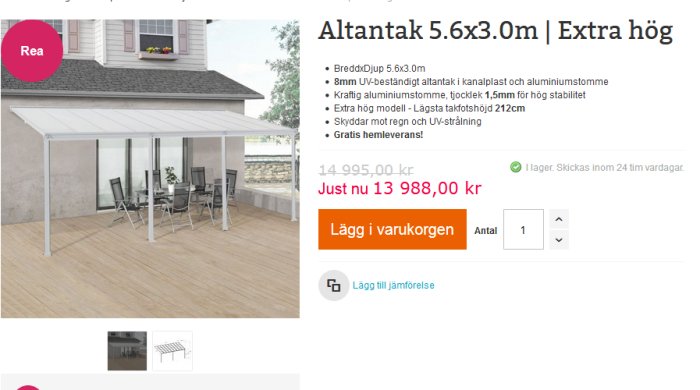 Altantak av glas och aluminium konstruktion monterat på en uteplats med möbler under, visar priset och rea-märkning.