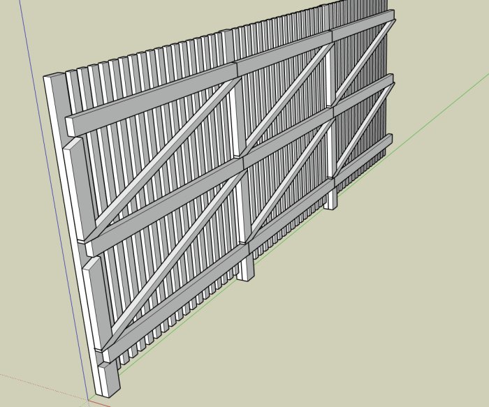 3D-skiss av ett träplank med vertikala brädor och diagonalstöd.