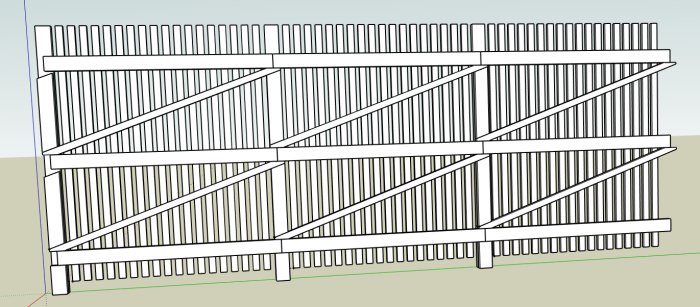 Skiss av ett plank med vertikala spjälor och diagonala reglar i en konstruktionsritning.