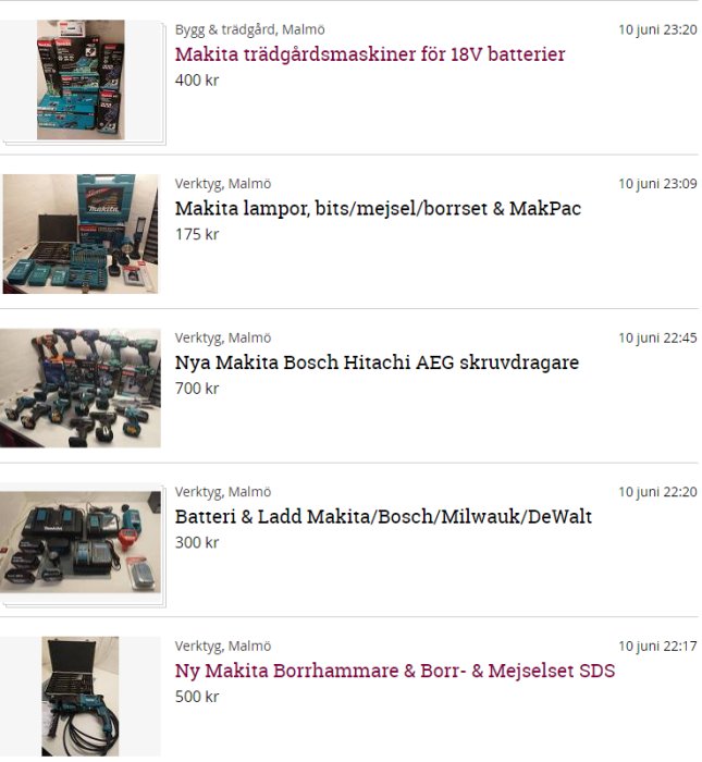 Bilder på flera annonser för Makita-verktyg och tillbehör med priser och postdatum.