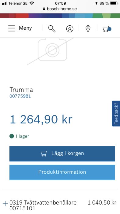 Skärmbild av en produktsida för en tvättmaskinstrumma med pris och lagerstatus på bosch-home.se.