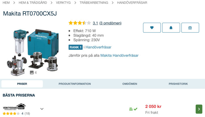 Makita RT0700CX5J handöverfräs med betyg och specifikationer, rankad som nummer 1 i kategorin.