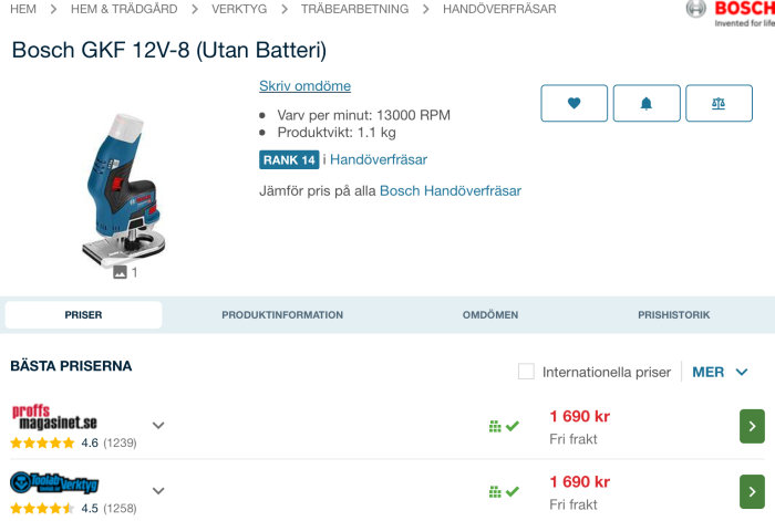 Bosch GKF 12V-8 handöverfräs utan batteri visas med prisinformation och användaromdömen.