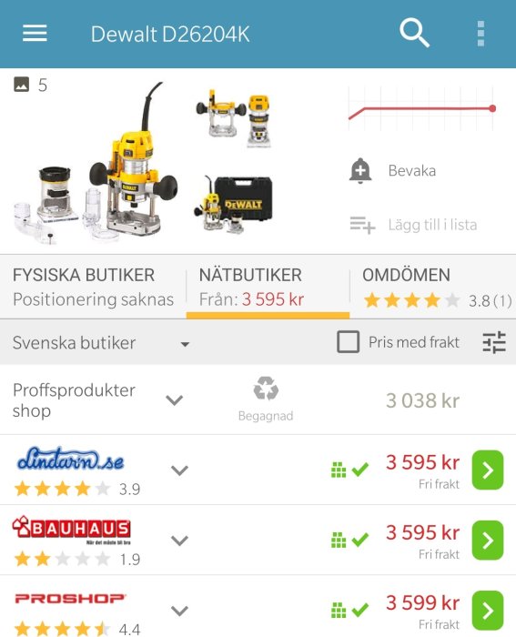 Skärmklipp av Dewalt D26204K-fräsmaskin med olika konfigurationer på onlinebutiker med priser från 3595 kronor.