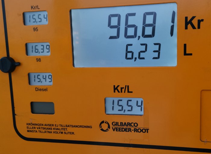 Bränslepumpens display visar priset per liter och totala kostnaden för tankad diesel.