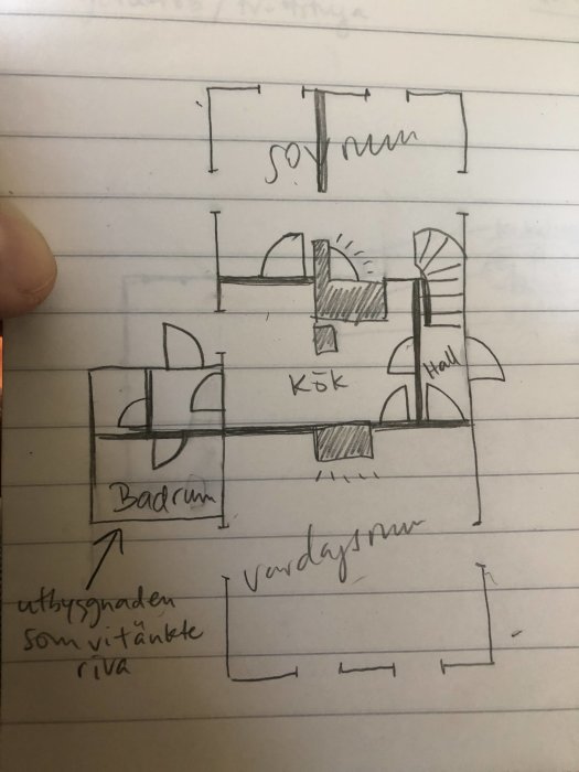 Handritad skiss av planlösning med sovrum, kök, vardagsrum och hall markerade.