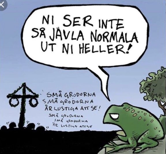 Tecknad groda som tittar på vindkraftverk, säger "Ni ser inte så jävla normala ut ni heller!", texten sjunger om grodorna.