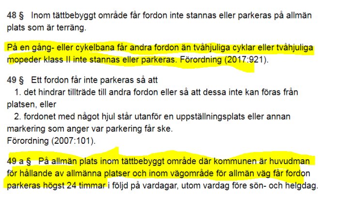 Skärmdump av text från Trafikförordningen om parkeringsregler på gång- och cykelvägar.