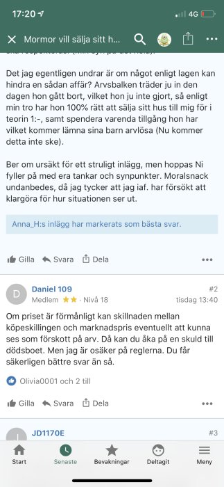 Skärmdump av ett foruminlägg markerat som "bästa svar" med diskussion om arvsfrågor.