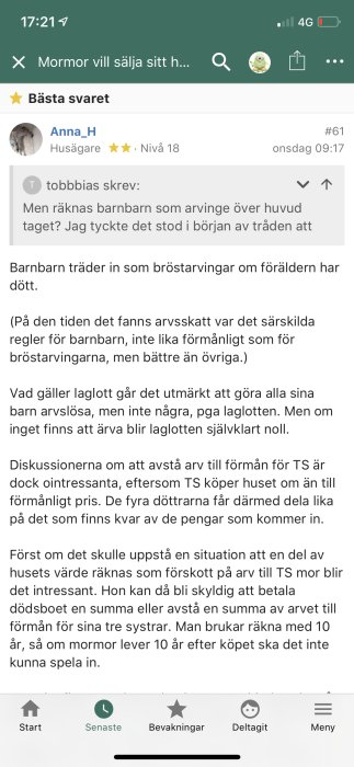 Skärmdump av ett foruminlägg markerat som "Bästa svaret" i en diskussion om arvsfrågor.