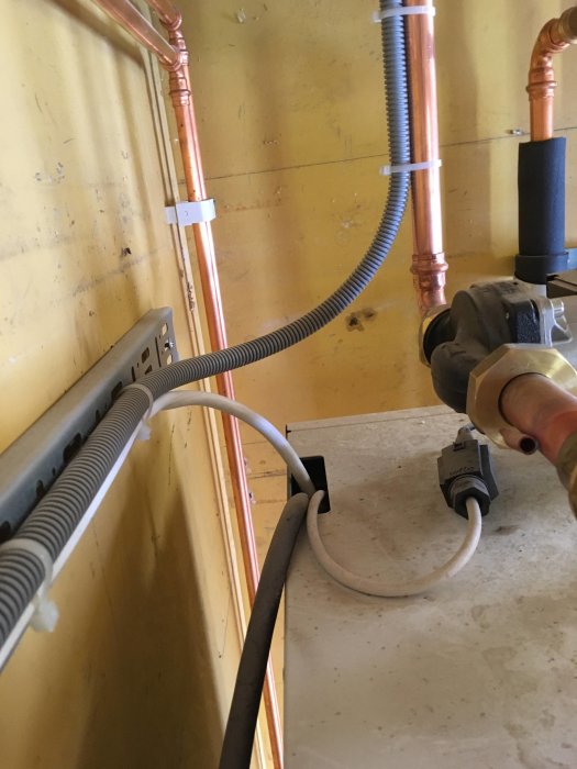 Kopparrör och elektriska sladdar installerade på en gul vägg, oordning och jämförelse med skor.