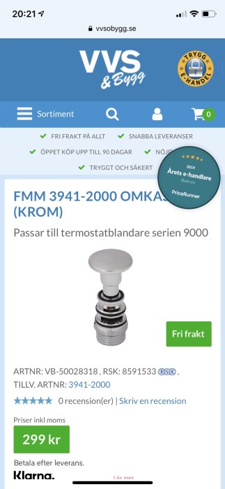 Omkastare i krom för termostatblandare serien 9000 visas på en webbshopssida med pris och artikelnummer.