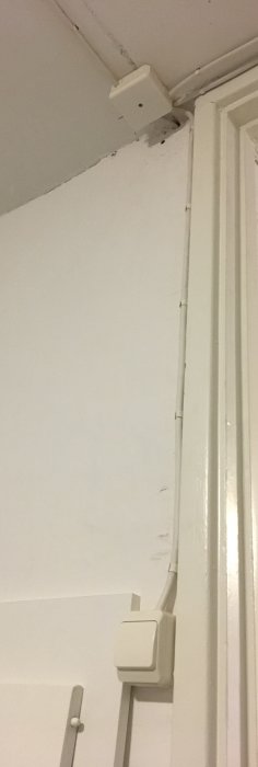 Elen framdragen till en väggplafond i ett vitt källarrum med synliga kabelkanaler och strömbrytare.
