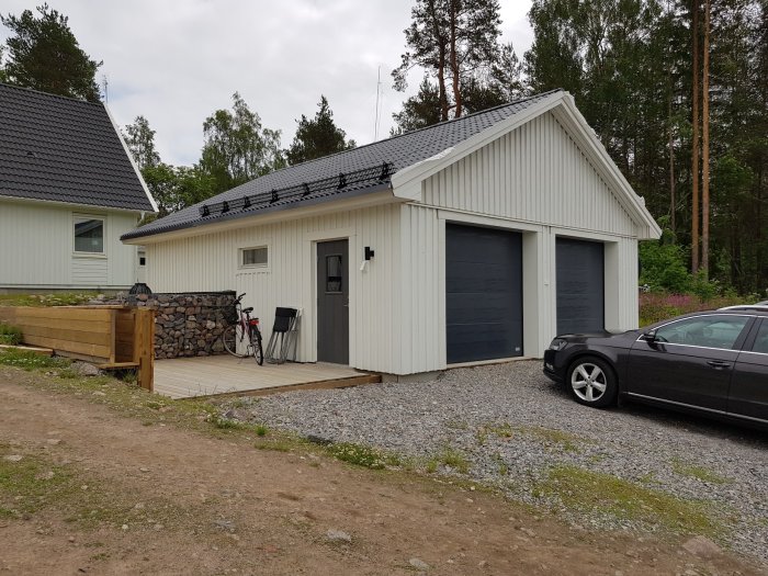 Nybyggd fristående dubbelgarage i vit plåt med svarta garageportar, parkerad bil och en cykel.