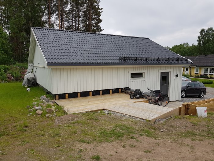 Nybyggd friggebod med oavslutat däckprojekt framför, på en tomt med gräs och trädgård i bakgrunden.