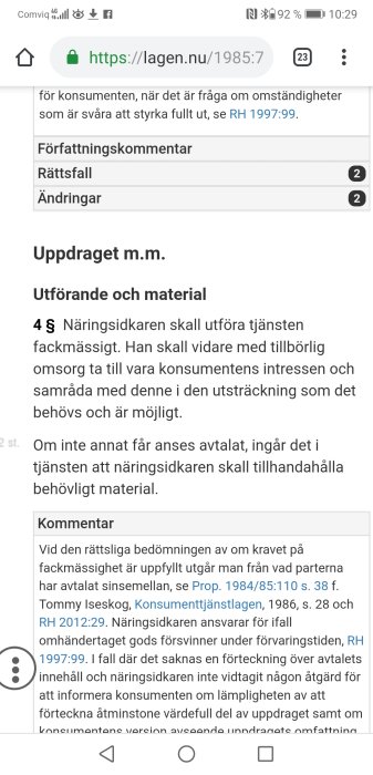 Skärmdump av lagtext om konsumenttjänster från lagen.nu med kommentarer och lagparagrafer.