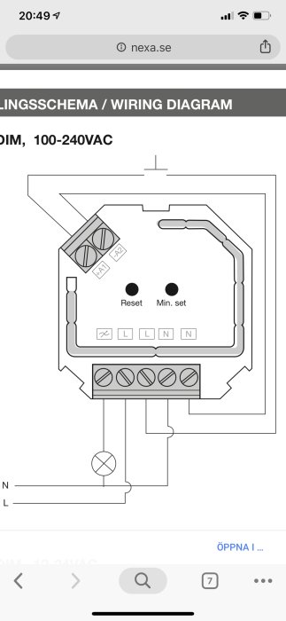 Schema för installation av Nexa Dosdimmer zv-9101 med anslutningar för pushdim-funktion och etiketterade ledningar.