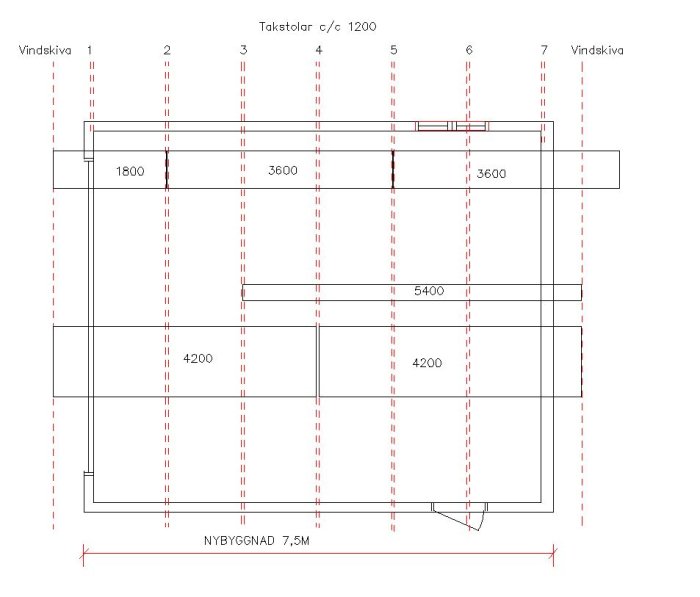 Skiss av garagetaks layout med måttangivelser för råspont och position av takstolar.