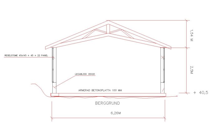 Ritning av ett garage med måttangivelser, inklusive takkonstruktion och grund.