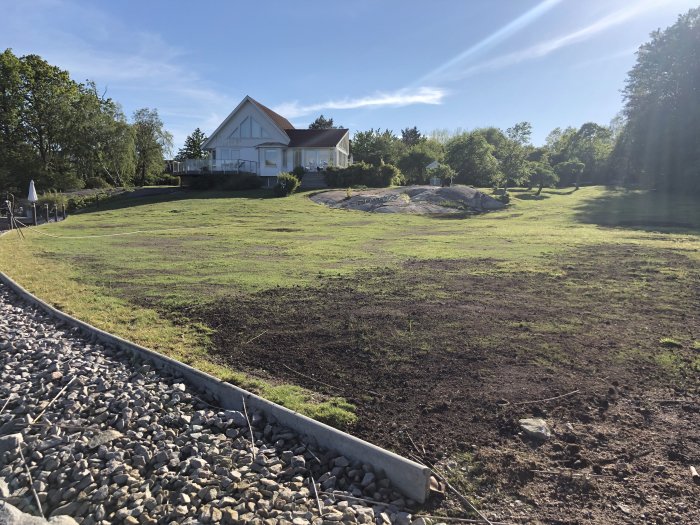 Hus i skärgården med grönområden och stenbeklädda kanter i soligt väder.