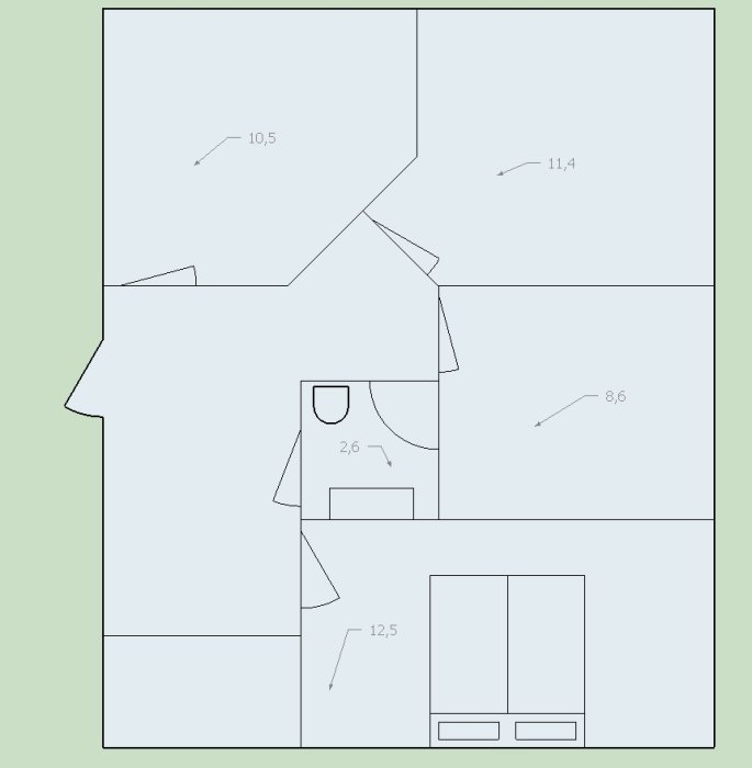 Grundritning av en bostadsplan med rum och areor i m2 markerade, inklusive ett litet badrum på 2,6 m2 med dusch.