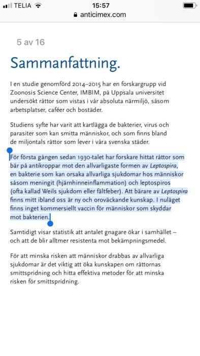 Skärmdump av en vetenskaplig sammanfattning om råttburen smitta från Anticimex hemsida.