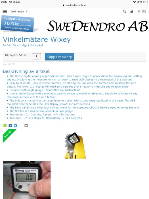 Digital vinkelmätare Wixey med LCD-display, uppfälld på gul bakgrund, visar 0.0 grader.