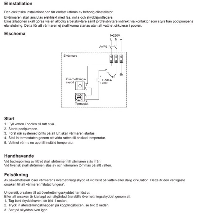 Schematisk illustration av installationsinstruktioner för en 3kW 1-fas poolvärmare med komponenter och kopplingar.