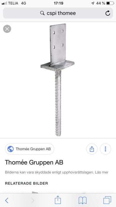 Stolphållare för limträstolpar med gängad pinne och rektangulär platta.