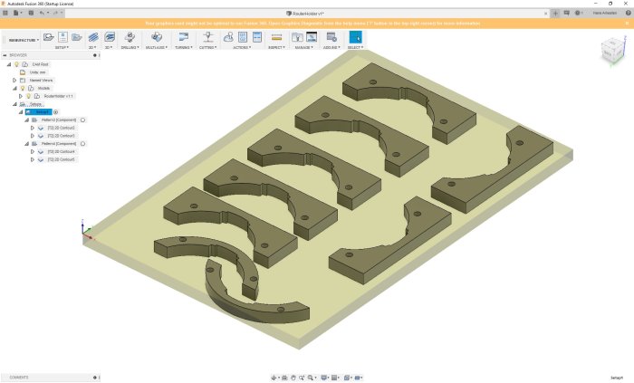 3D-modell av fräshållare designad i Autodesk Fusion 360 för montering av en Bosch-fräs.