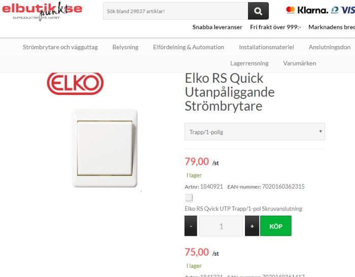Screenshot av Elko RS Quick strömbrytare på en webbshop med pris 79,00 kr/st.