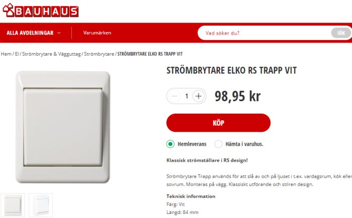 Screenshot av vit ELKO RS trappströmbrytare på Bauhaus webbplats med priset 98,95 kr.