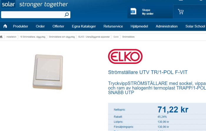 Skärmdump av en produktwebbsida med en ELKO strömbrytare och prisinformation där nettopriset visas som 71,22 kr.