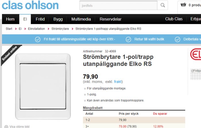 Screenshot av produktbeskrivning för en Elko RS strömbrytare på Clas Ohlson webbsida med prisinformation.