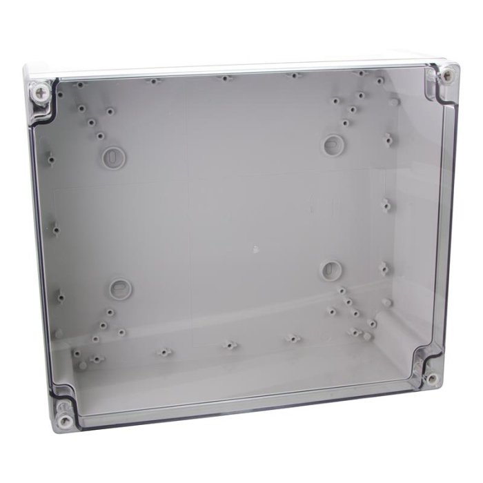 Tom apparatlåda i plast med genomskinligt lock, storlek 35x29x12 cm.