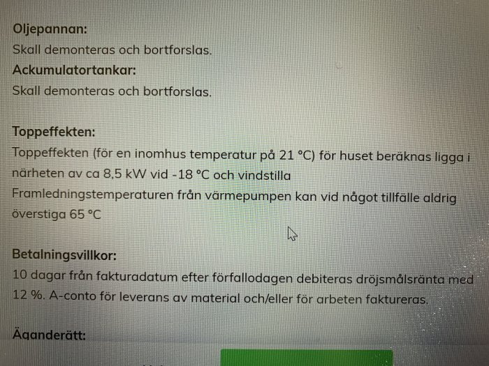 Skärmdump av text från forum om uppvärmningseffekt och betalningsvillkor för husrenovering.