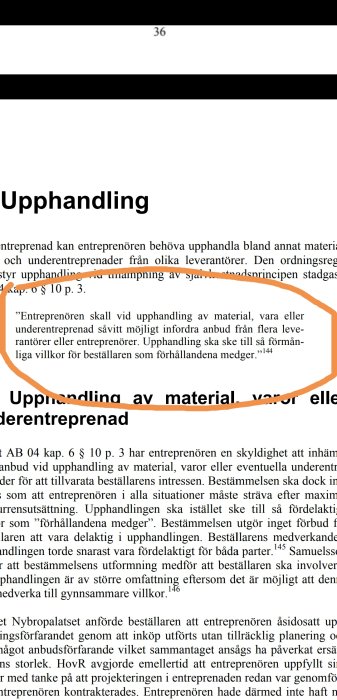 Skärmbild av en text om upphandlingsregler med fokus på avsnittet "Entreprenören skall vid upphandling av material".