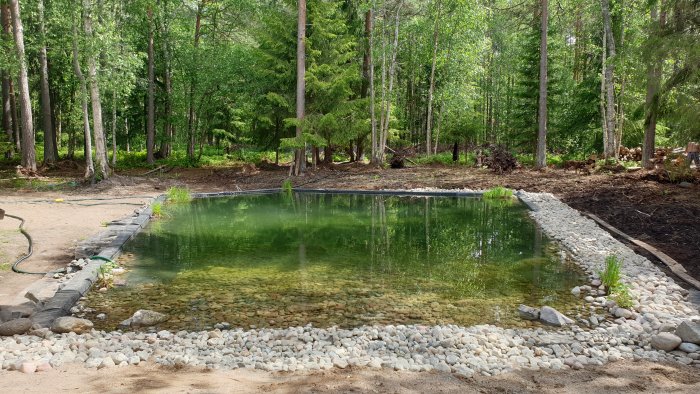 En naturligt integrerad damm omgiven av skog och stenkanter med klart vatten och strandkant.