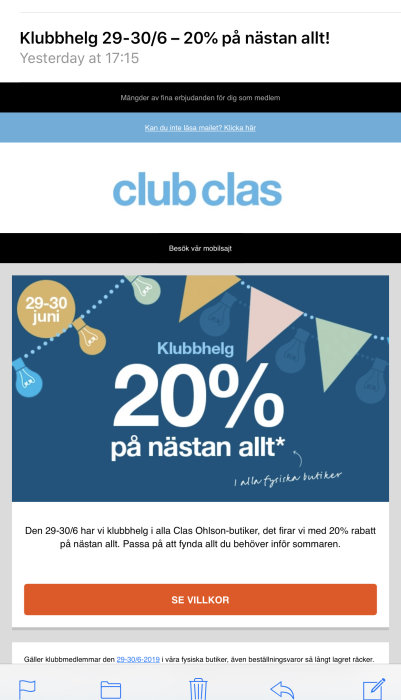 Reklambild för "Klubbhelg 29-30 juni - 20% på nästan allt" hos Clas Ohlson med datum och erbjudande.
